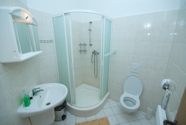 Koupelna se sprchovým koutem, umyvadlem a WC